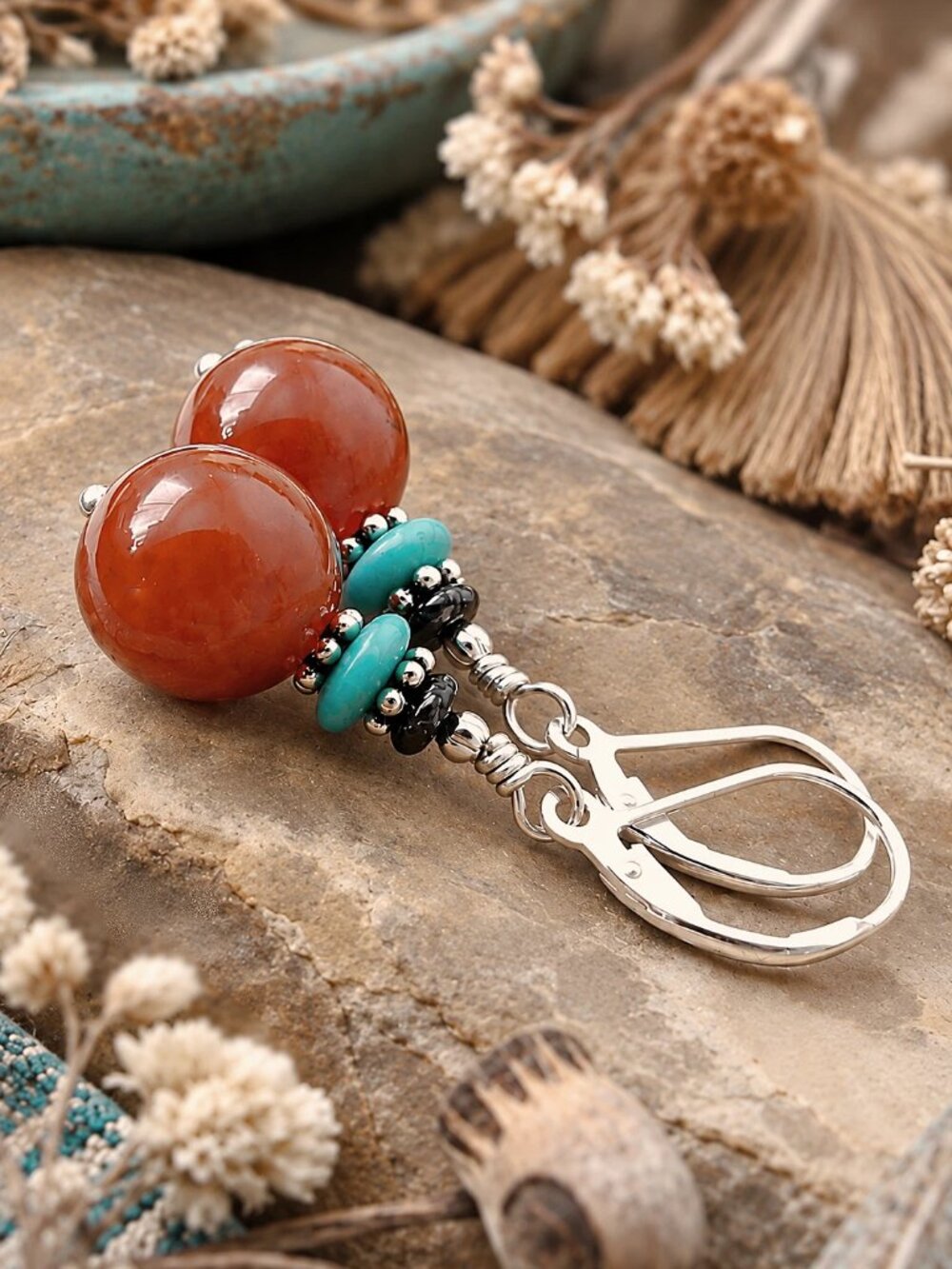 Western Earrings Sterling Silver Carnelian Gemstone Leverbacks Boho Style